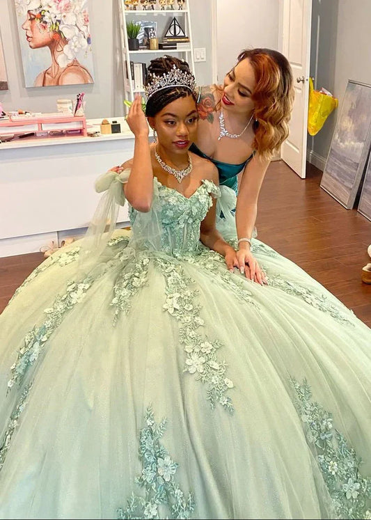 Elegant Sage Green Applique Sweetheart Off-the-shoulder Sweet 16 Quinceanera A-Line Floor-length Prom Dress Evening Dress Ball Gown DP6467
