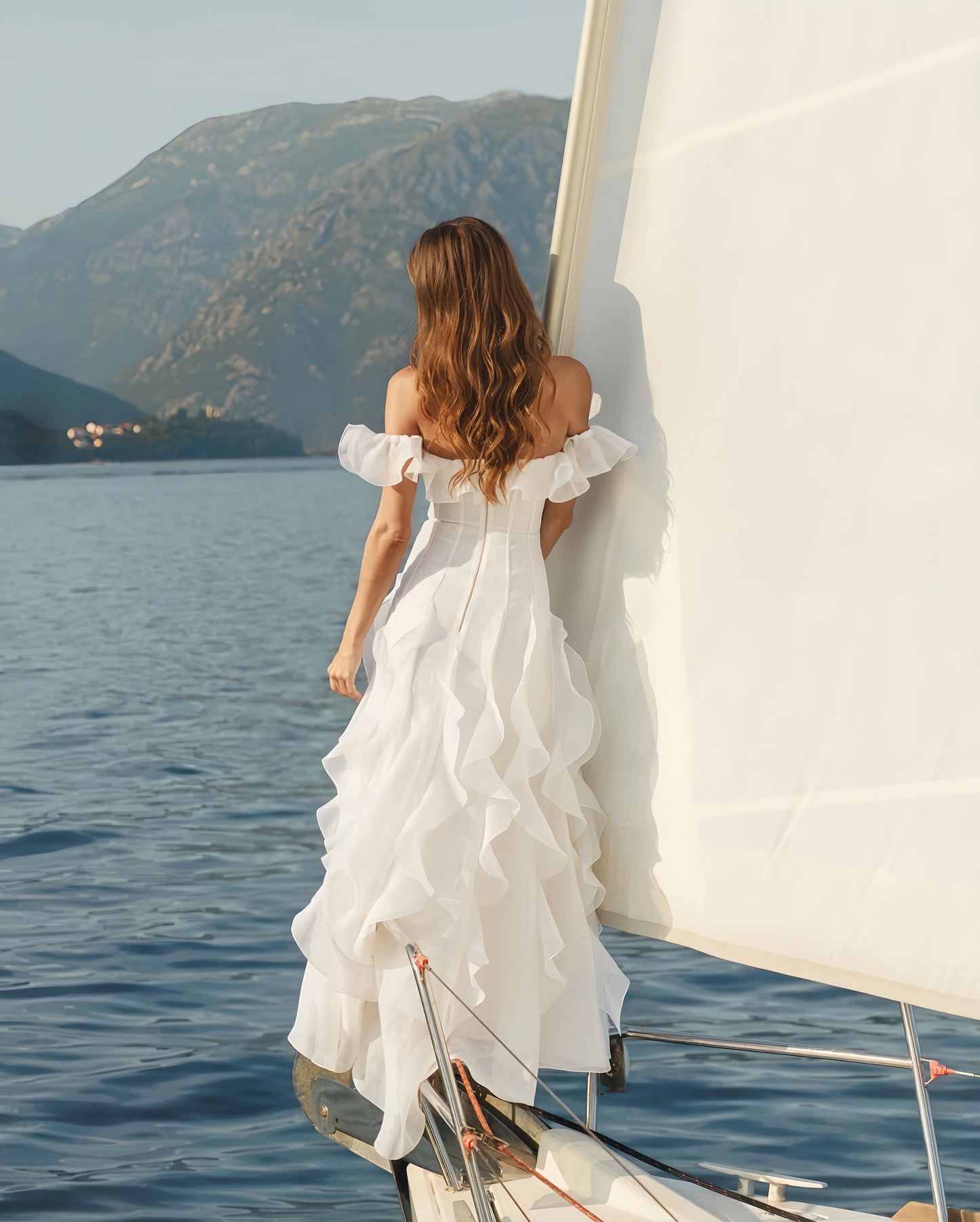 Elegant White Ruffles Prom Dress Off-the-shoulder Evening Gown Party Dress Long Formal Dress DP6796