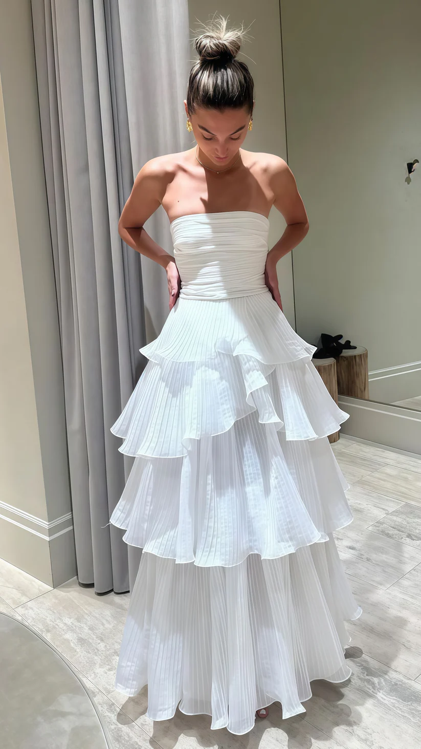Elegant White Strapless Pleated A-Line Chiffon Long Party Dress, DP2257