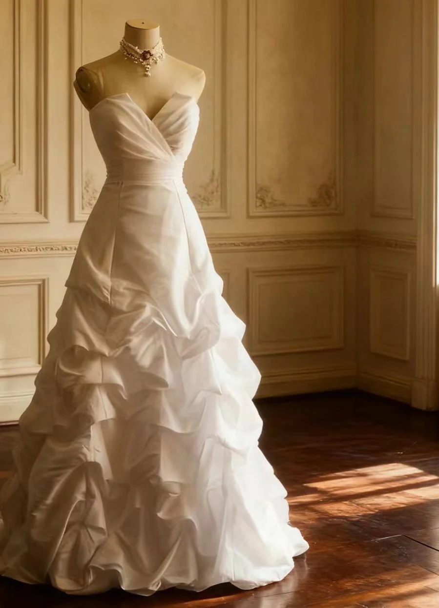 Elegant Ivory Sweetheart Neckline Ruched Tulle A-Line Strapless Dreamy Wedding Dress DP7656