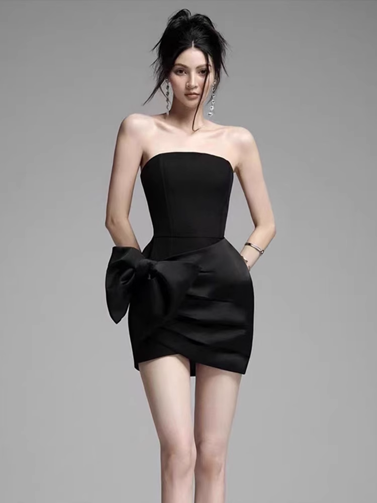 Elegant Black Strapless Bow Design A-line Satin Party Dress Homecoming Dress, DP5844