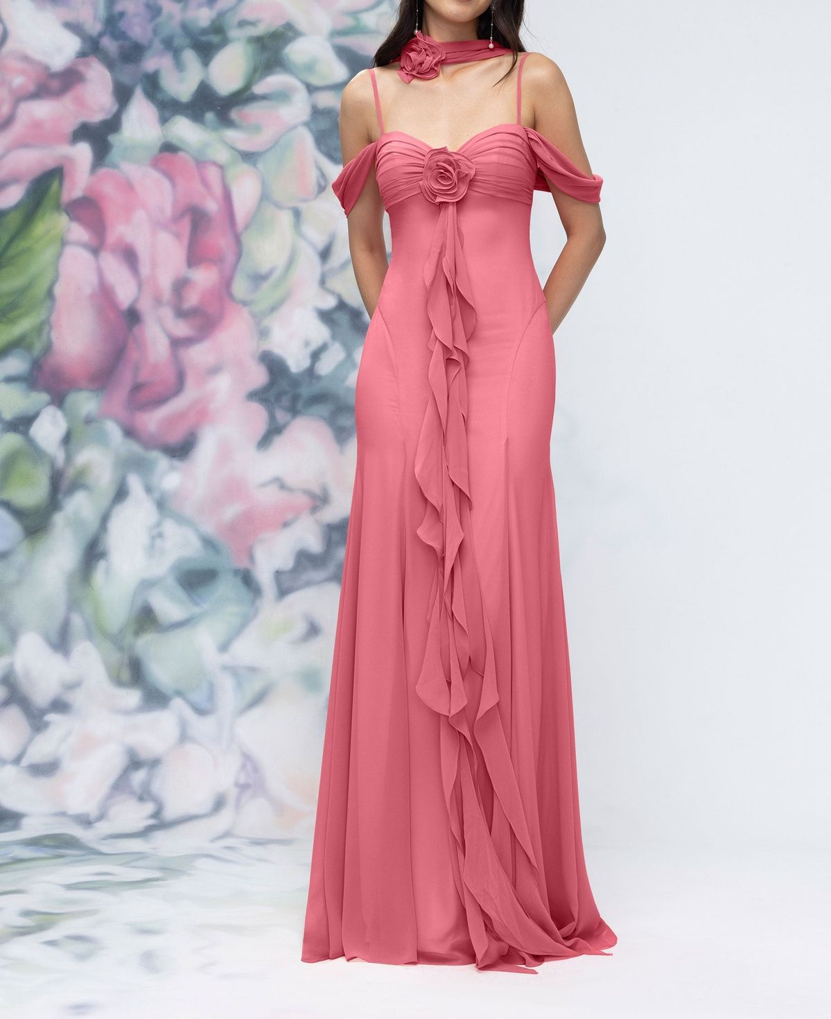Elegant Off-the-Shoulder Spaghetti Strap 3D Floral Chiffon Neck Scarf Prom Dress DP8461
