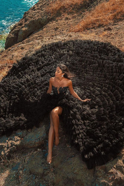 Gorgeous Black Strapless Prom Dress Tulle Evening Gown Party Dress Trailing Long Formal Dress DP6816