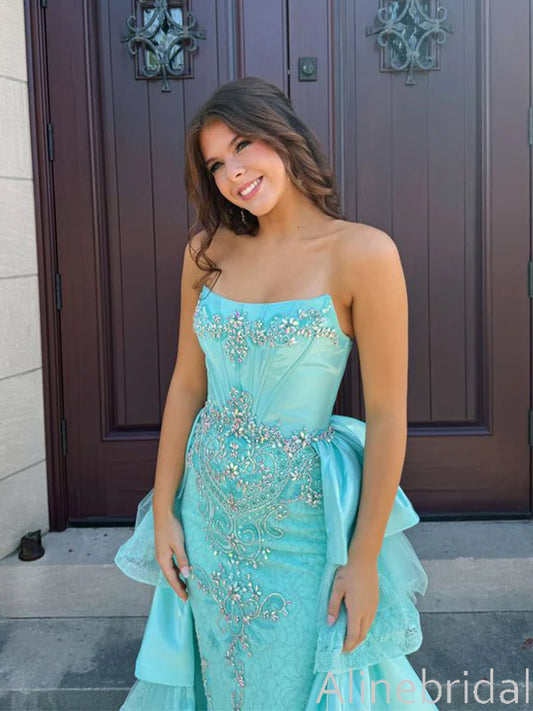 Vintage Turquoise Strapless Mermaid Evening Gown Beaded Embroidery Ruffled Prom Dress DP7587