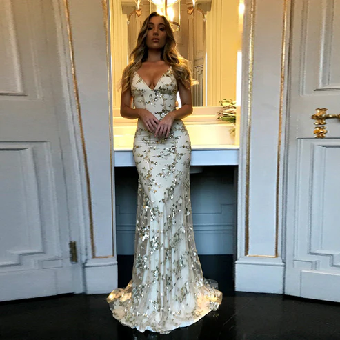 Robe de bal sirène à bretelles spaghetti, col en V, tulle, dos nu, avec appliques, DP403