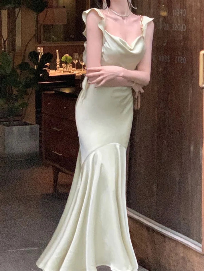 Vintage Salbeigrün Rüschen Meerjungfrau Satin Langes Ballkleid Partykleid Abendkleid DP6486