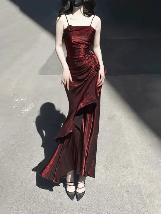 Vintage Burgundy Spaghetti Strap Ruffle Design Elegant A-line Evening Dress Prom Dress DP6130