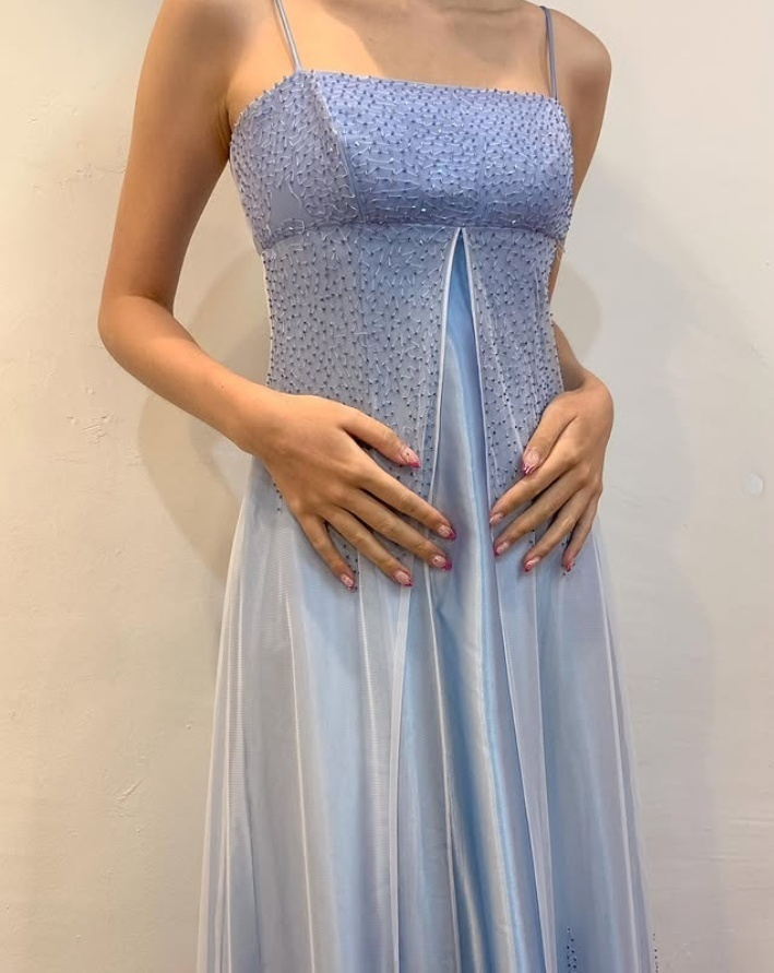 Light Blue Spaghetti Straps A-Line Satin Vintage Long Party Dress, DP3986