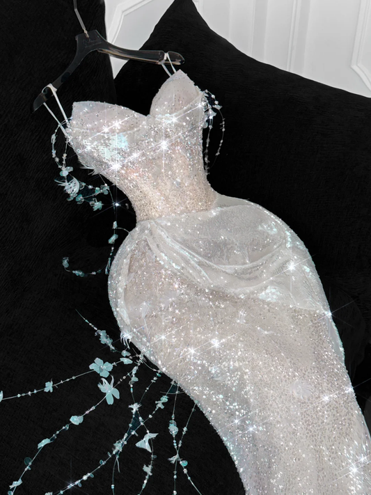 Superbe robe de soirée sirène en mousseline de soie, élégante, à paillettes champagne scintillantes, décolleté en cœur, DP6170