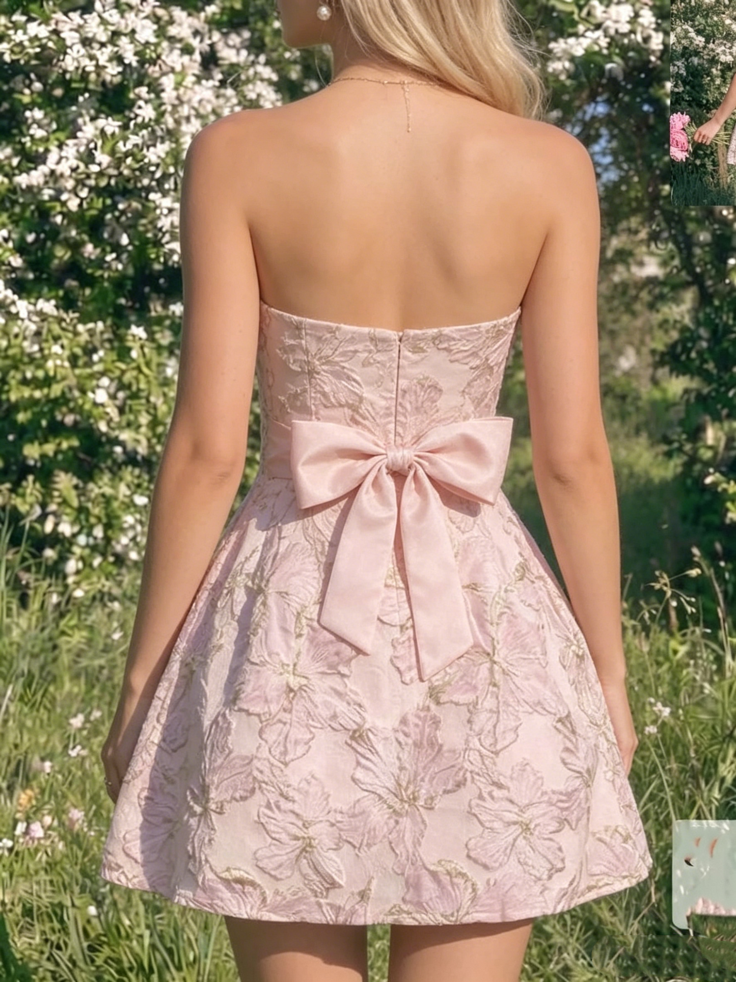 Vintage Pink Jacquard Bow Back Strapless A-Line Homecoming Dress DP8542