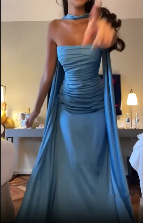 Elegant Strapless A-Line Blue Simple Long Party Dress, DP2449
