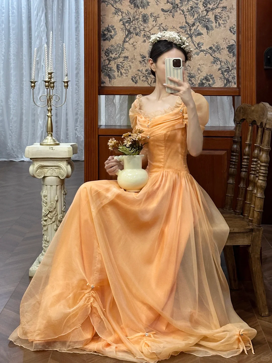 Robe de princesse en tulle pêche de rêve, manches bouffantes, robe de bal pour Sweet 16 ou Quinceañera DP7946