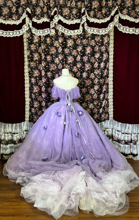 Robe de bal de quinceañera vintage lavande à épaules dénudées et imprimé floral 3D, coupe trapèze, DP7061