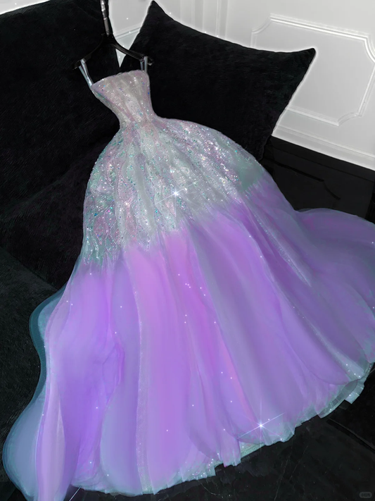 Superbe robe de princesse violette à paillettes brillantes, élégante robe de soirée trapèze, longueur au sol, robes de bal DP6196