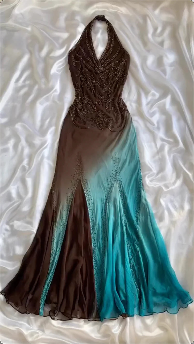Retro Gradient Gorgeous Exquisite Beaded Halter Dress Long Chiffon Evening Gown Prom Dress DP6086