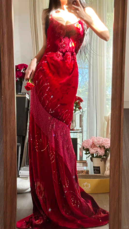 Robe de soirée élégante en mousseline de soie, robe de bal, vintage, rouge, paillettes scintillantes, bretelles spaghetti, DP5995