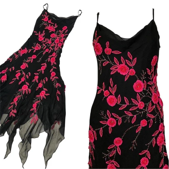 Robe de soirée vintage sexy noire à bretelles et appliques florales, DP2508