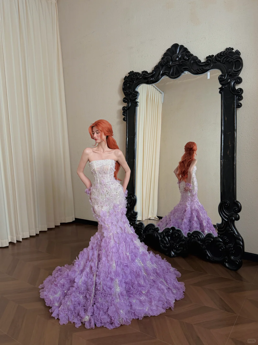 Sparkly Sequins Lavender Strapless 3D Floral Mermaid Evening Dress DP8310