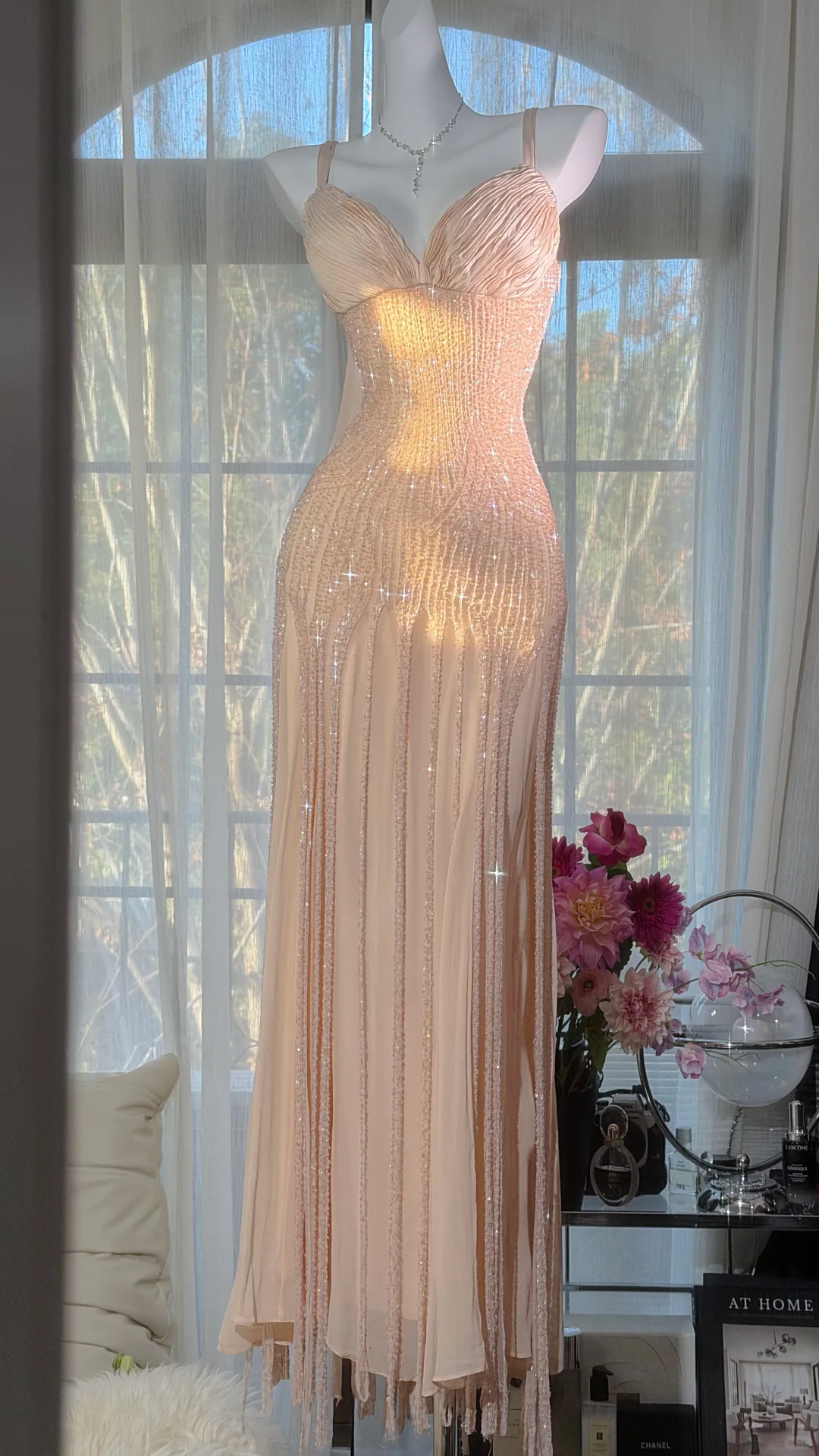 Glamorous Champagne Beaded Mermaid Prom Gown Spaghetti Strap Ruched Evening Dress DP8126