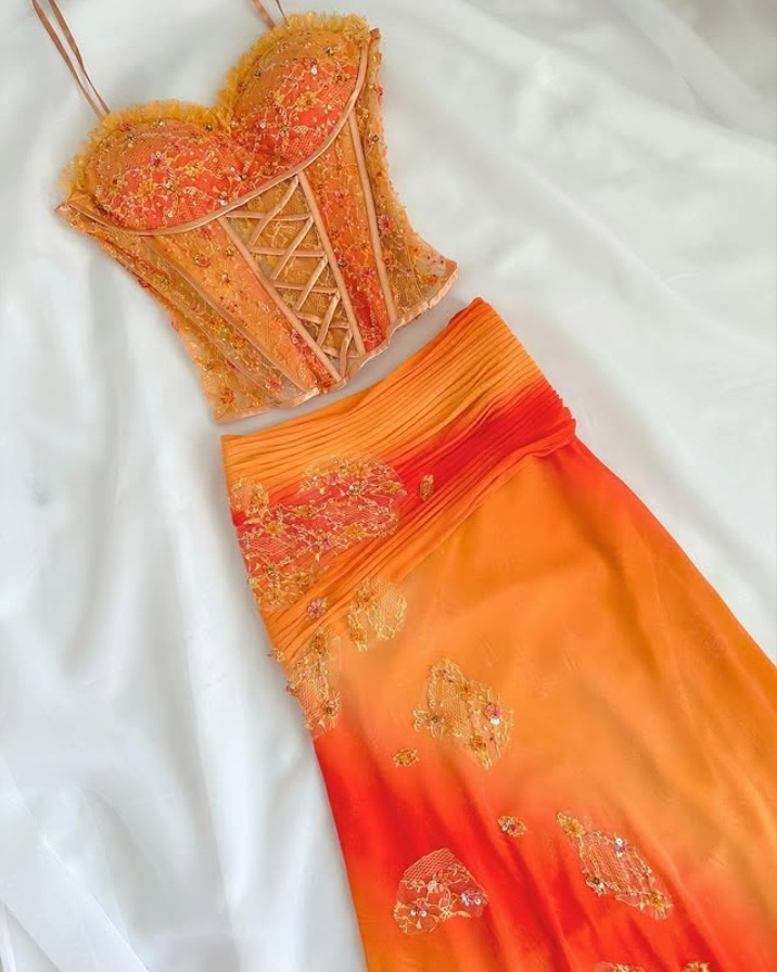 Oranges 2-teiliges Trägerkleid aus Spitze und Chiffon, schickes langes Partykleid, DP4084