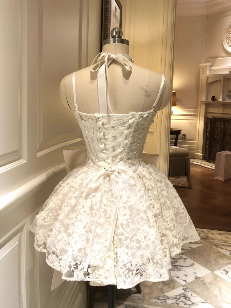 Vintage White Lace Bowknot Design Spaghetti Strap A-Line Homecoming Dress Party Dress Cocktail Dress DP6702