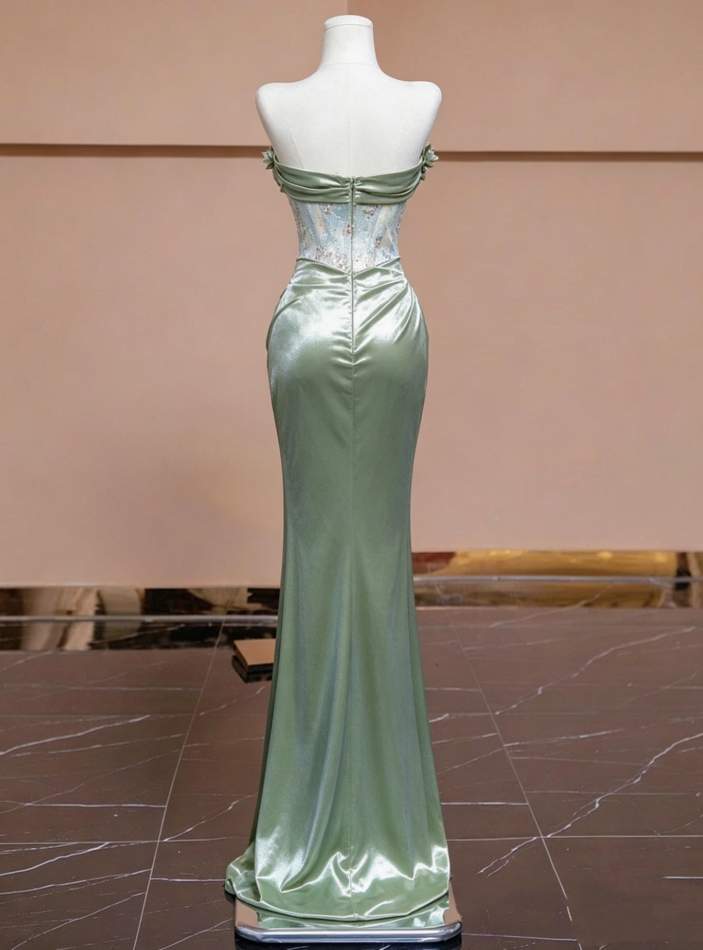 Elegant Sage Green Satin Strapless Mermaid Sequin 3D Floral Evening Gown DP8555