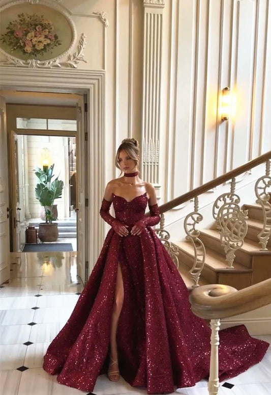 Robe de soirée trapèze vintage bordeaux à paillettes brillantes, sans bretelles, décolleté en cœur, robe de bal DP6133