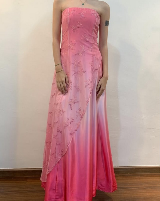 Lovely Pink Strapless A-Line Lace Satin Party Dress Evening Gown, DP4035