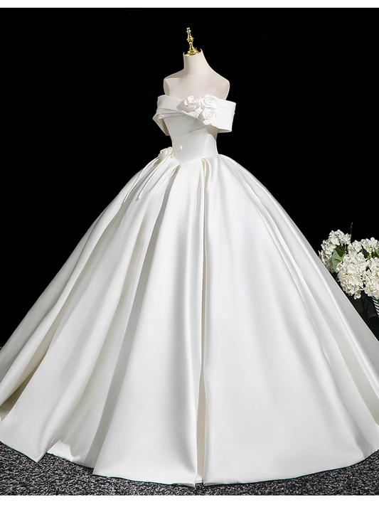 Elegant White Satin 3D Flowers Sweet 16 Quinceanera A-Line Off-the-shoulder Evening Dress Floor Length Ball Gown DP6929