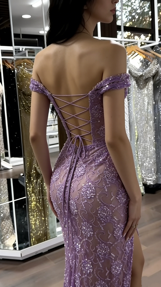 Vintage Lavender Off-the-Shoulder Beaded Mermaid High Slit Evening Dress DP8086