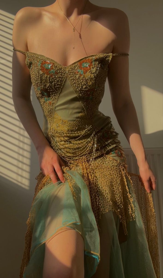 Dusty Green Straps Beading Mesh Sheath Vintage Long Prom Dress, DP3273