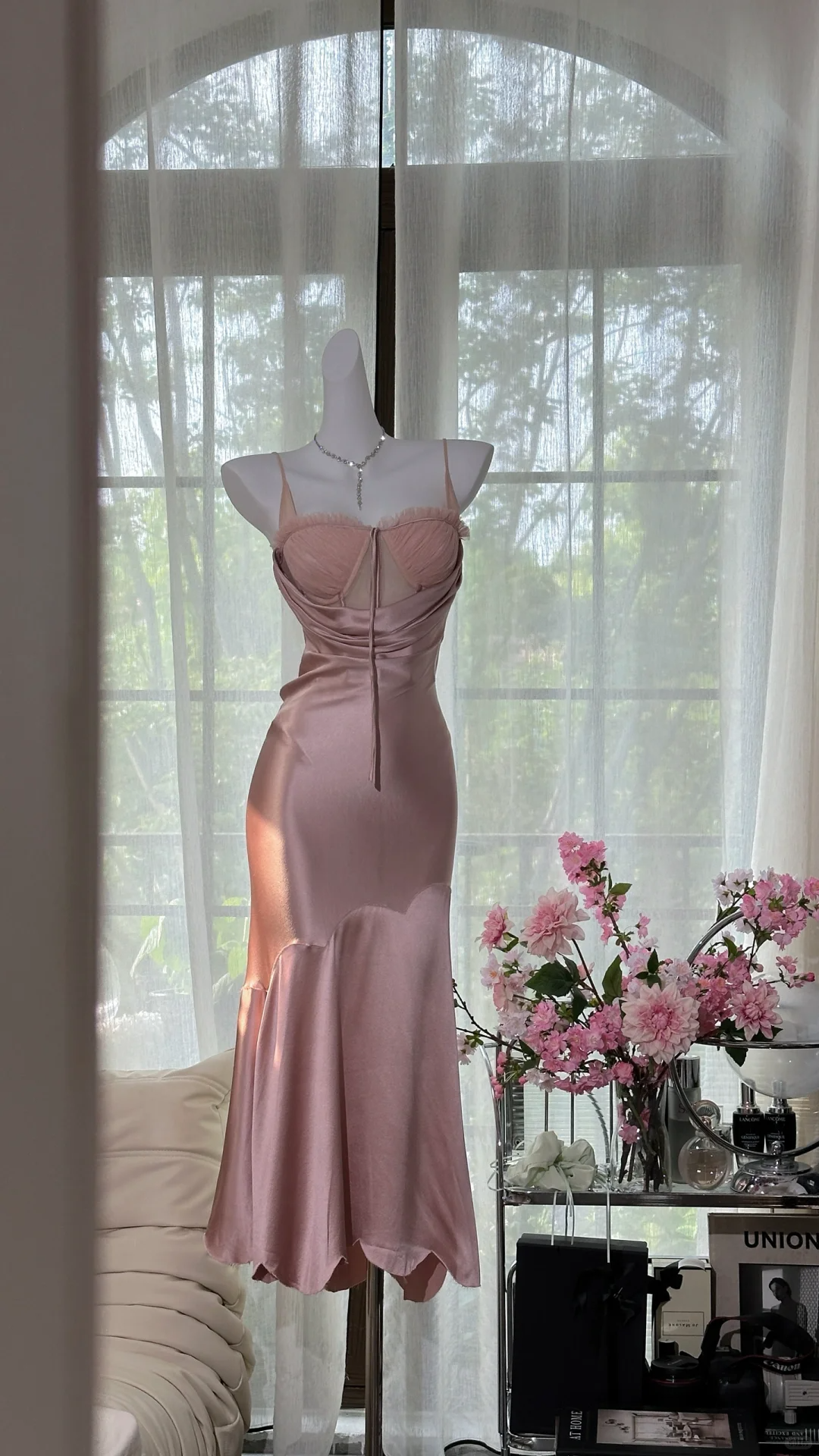 Vintage Pink Spaghetti Strap Mermaid Satin Prom Dress Evening Dress DP6363