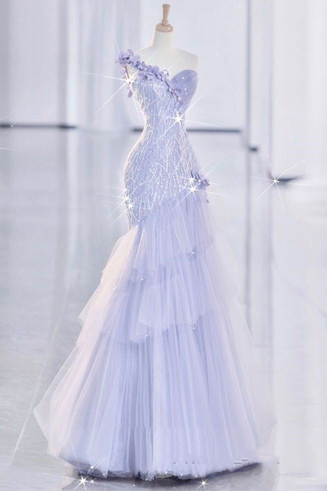 Enchanting Lavender One-Shoulder Mermaid Evening Gown 3D Floral Appliqués Ruffled Tulle Prom Dress DP8008