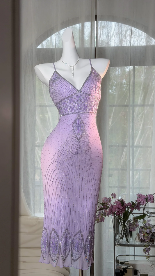 Cute Lavender Beaded Spaghetti Strap Midi Homecoming Dress Party Dress DP8120