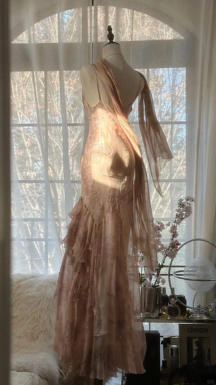 Romantic Blush Floral Beaded Tulle Mermaid Evening Dress with Drape Shawl DP8158