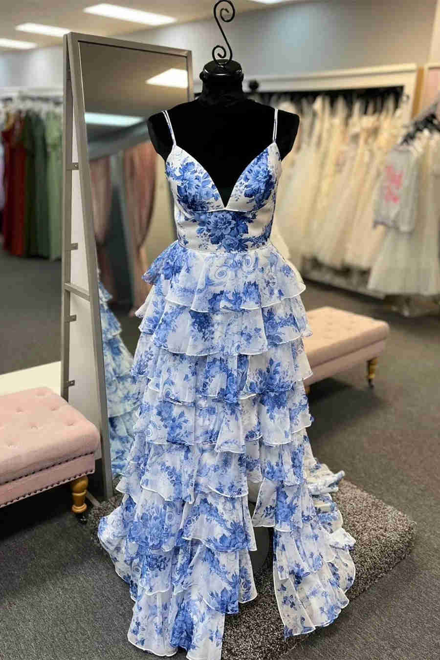 Blue Floral Printed Straps A-Line Layers Long Formal Party Dress, DP3770