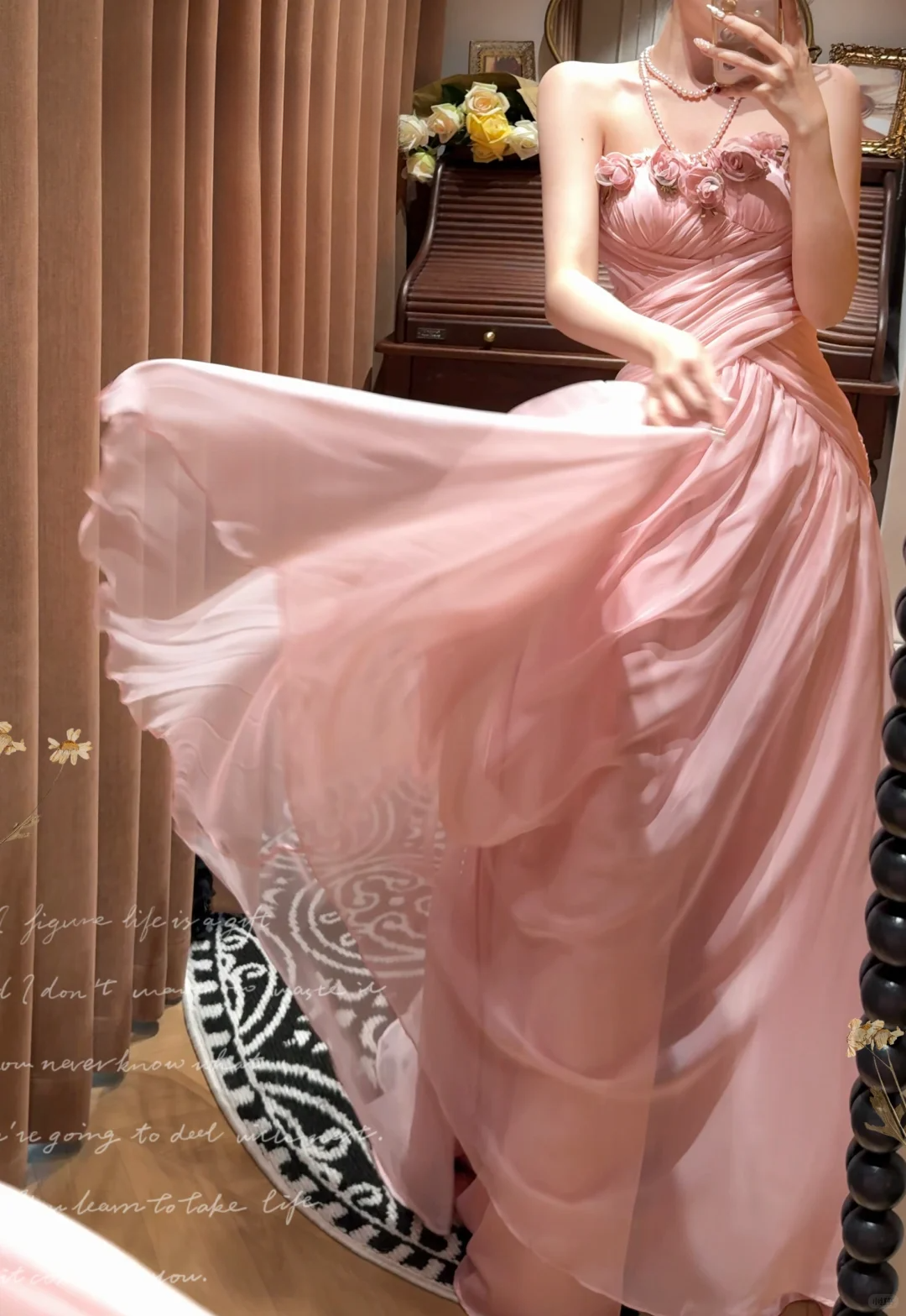 Vintage Pink Strapless Chiffon 3D Floral Draped Romantic Evening Gown DP7259