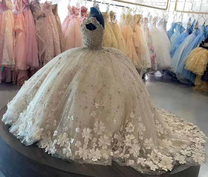 Elegantes Elfenbein V-Ausschnitt Applikation A-Linie Ballkleid für Sweet 16 Quinceanera Geburtstagskleid Abendkleid Ballkleid DP6519