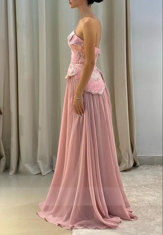 Vintage Pink Beaded Two-piece Prom Dress A-Line Evening Gown Strapless Party Dress Long Formal Dress DP6884