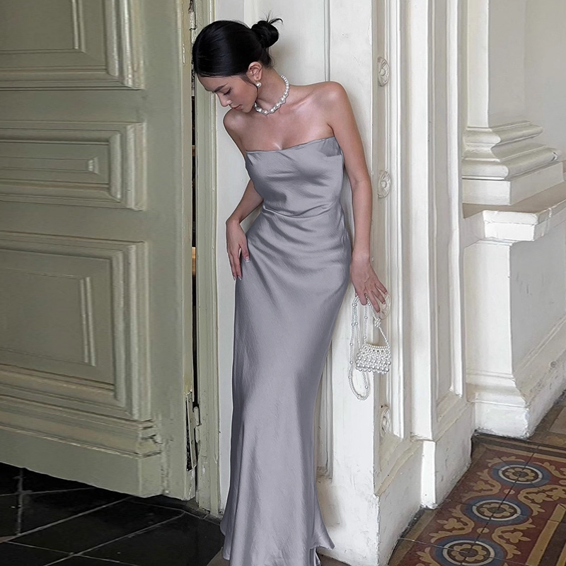 Enchanting Silvery Strapless Satin Mermaid Long Prom Dress Evening Dress DP6409