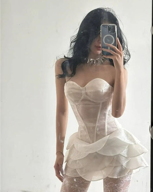 Robe de soirée trapèze vintage ivoire, robe de soirée brillante à décolleté en cœur, robe de cocktail courte sans bretelles à volants, DP6599