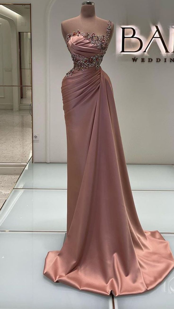 Vintage Pink Satin Beaded Prom Dress One-shoulder Evening Dress Party Dress Floor Length Formal Dress DP6866