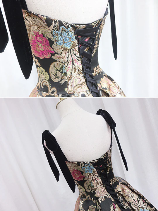 Robe de soirée trapèze en satin à bretelles spaghetti et appliques florales vintage DP6061