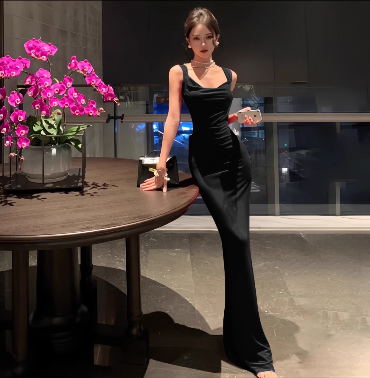 Elegantes schwarzes rückenfreies Meerjungfrau-Abendkleid mit Schleife, langes Abendkleid DP6405
