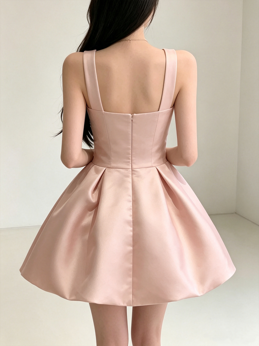 Elegant Pink Satin Square Neck Mini Dress Sleeveless A-Line Homecoming Dress DP8740
