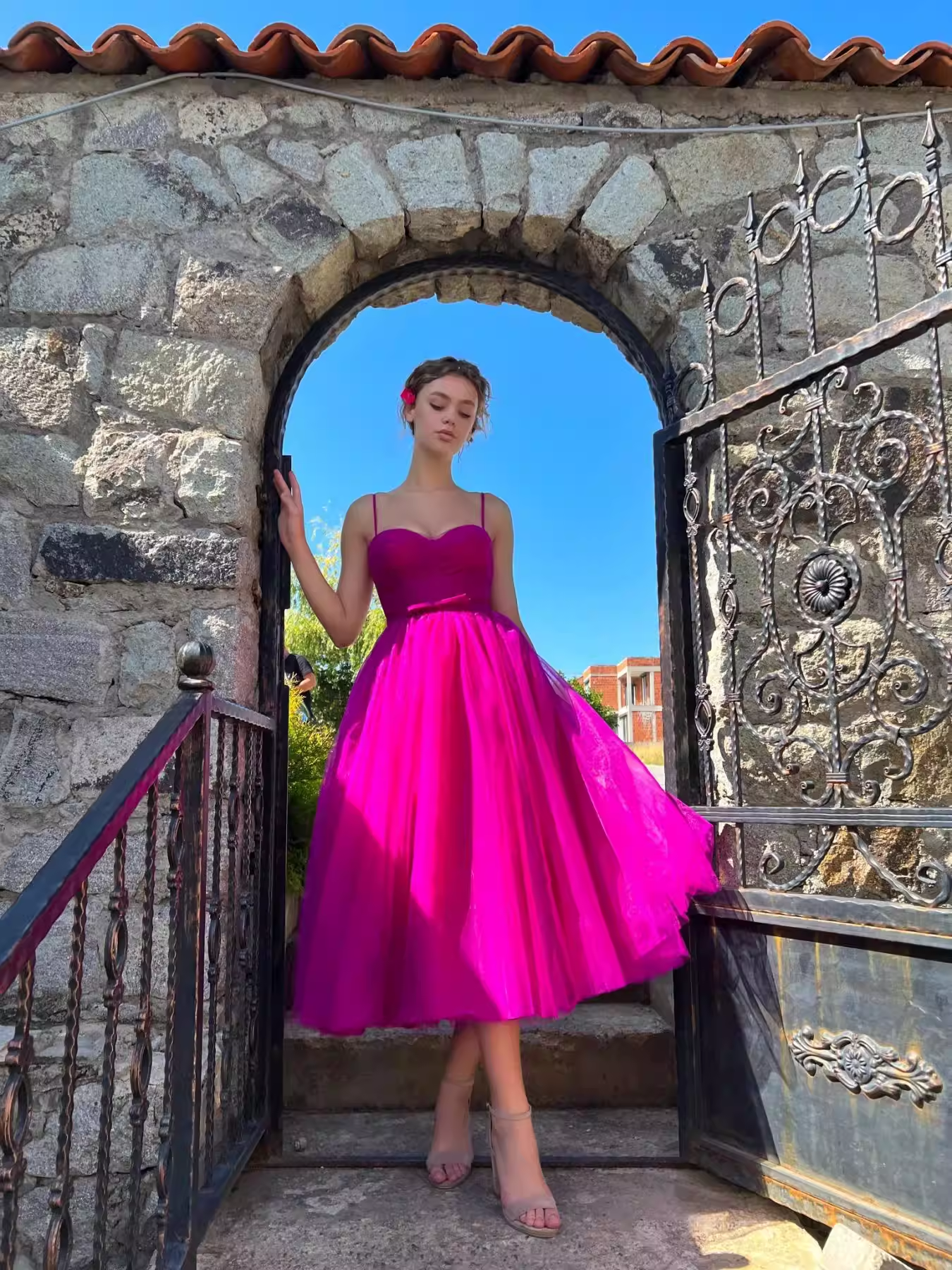 Elegant Fuchsia Spaghetti Strap Sweetheart Tulle A-Line Midi Evening Dress DP8093