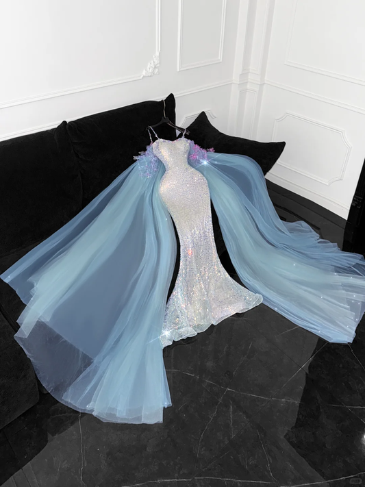 Robe de soirée sirène vintage à paillettes brillantes et bretelles spaghetti DP6219