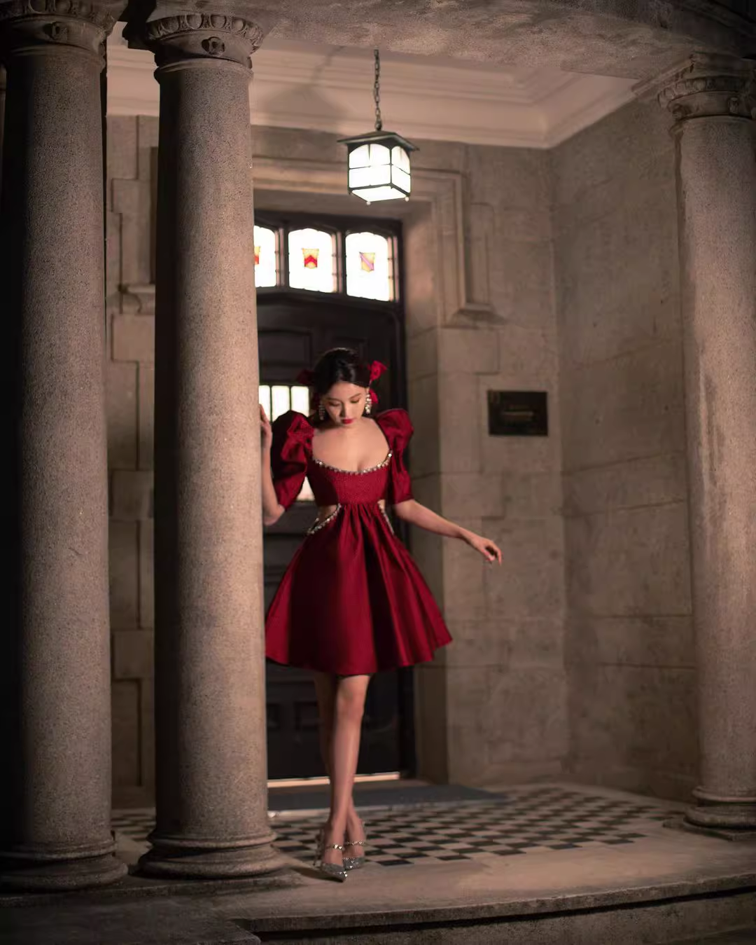 Vintage Burgundy A-Line Homecoming Dress Beaded Short Puff Sleeves Party Dress A-Line Cocktail Dress, DP6612