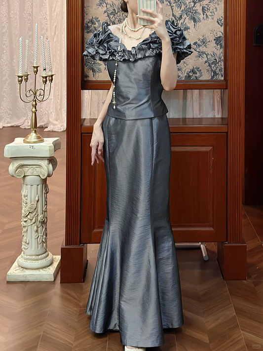 Elegant Grey Ruffled Evening Gown Off-Shoulder Mermaid Prom Dress DP7944
