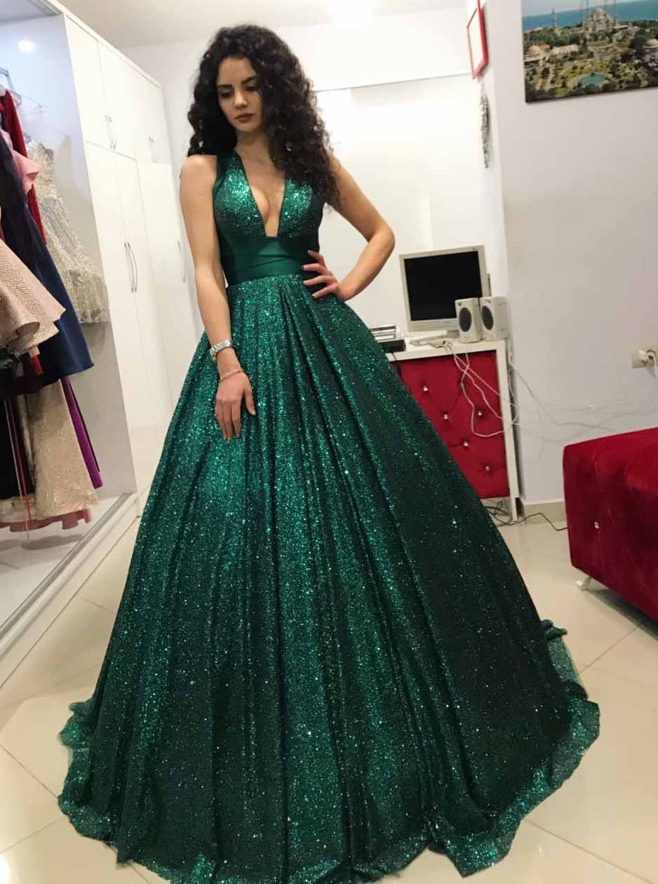 Vintage Emerald Green Deep V Neck Sequin Prom Dresses With Open Back, DP413